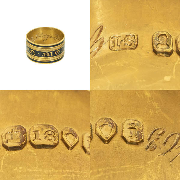 One picture made up of four pictures. The top left shows a black and gold ring with letters on the outside. The other three show the English hallmarks on the inside of the ring: a crown, the number 18, the outline of a leopard’s head and a lower case i.