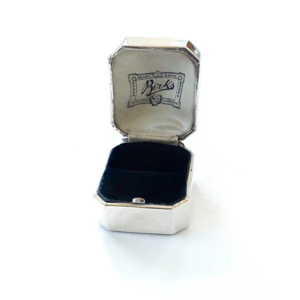 Vintage sterlings silver ring box with cream silk lining with Birks imprinted on it